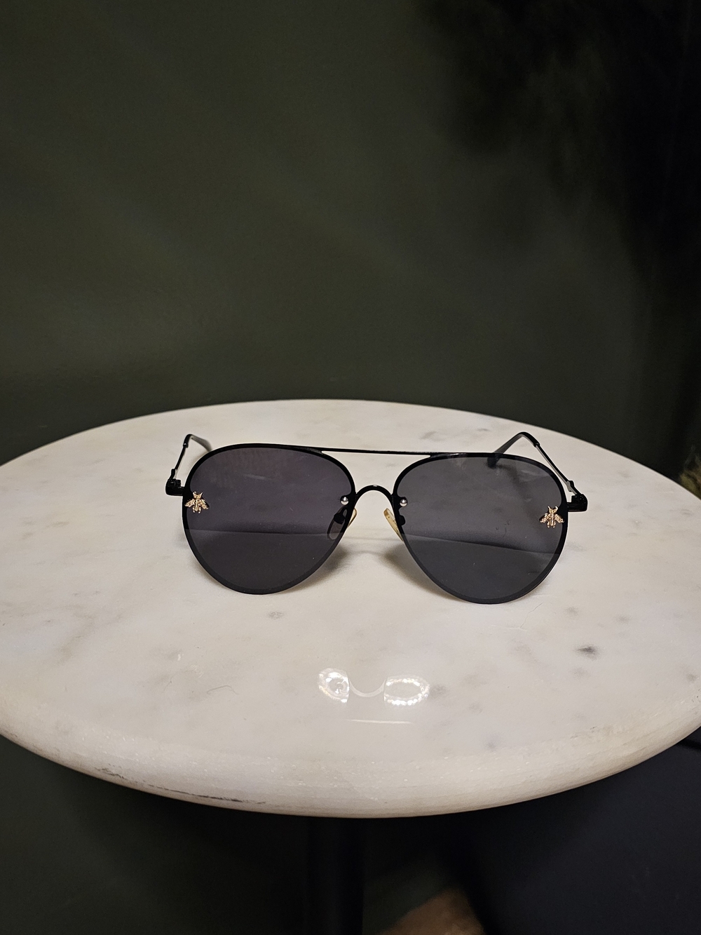 Black Aviator Sunglasses with Gold Bee Accents